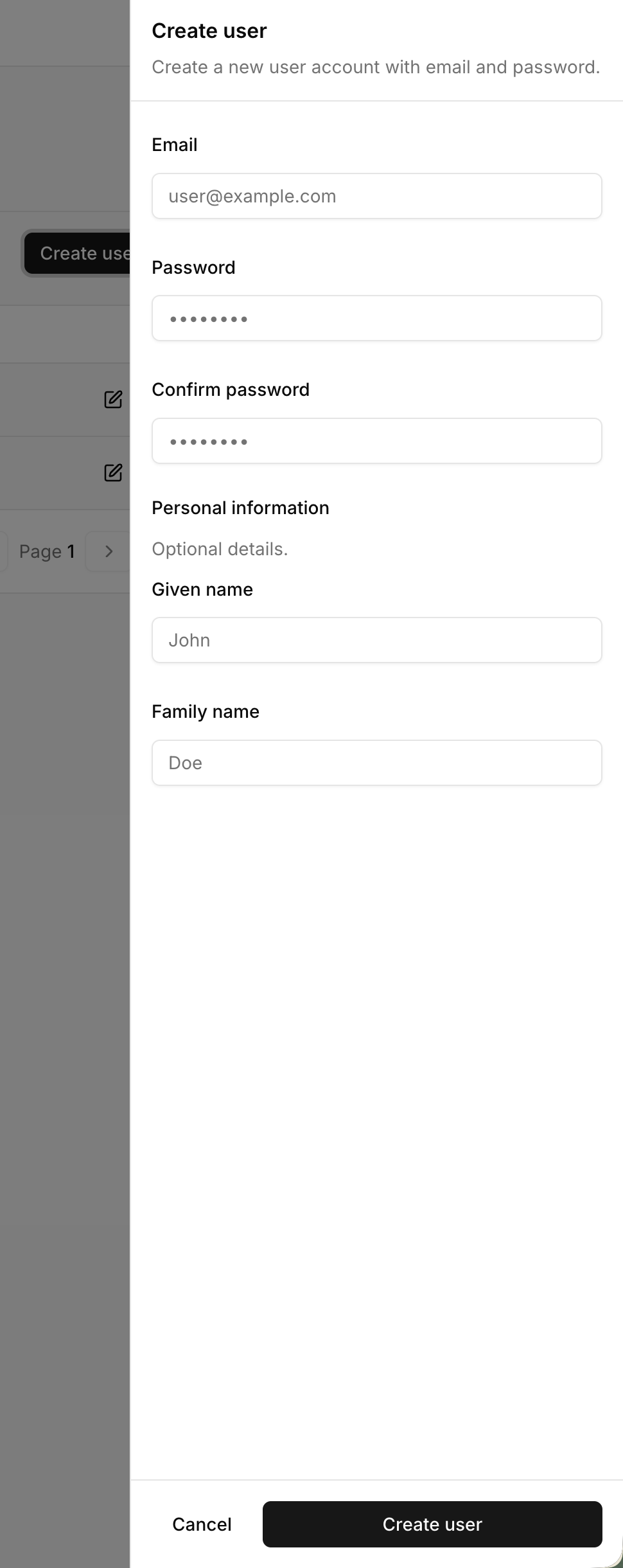 Create User form in light mode