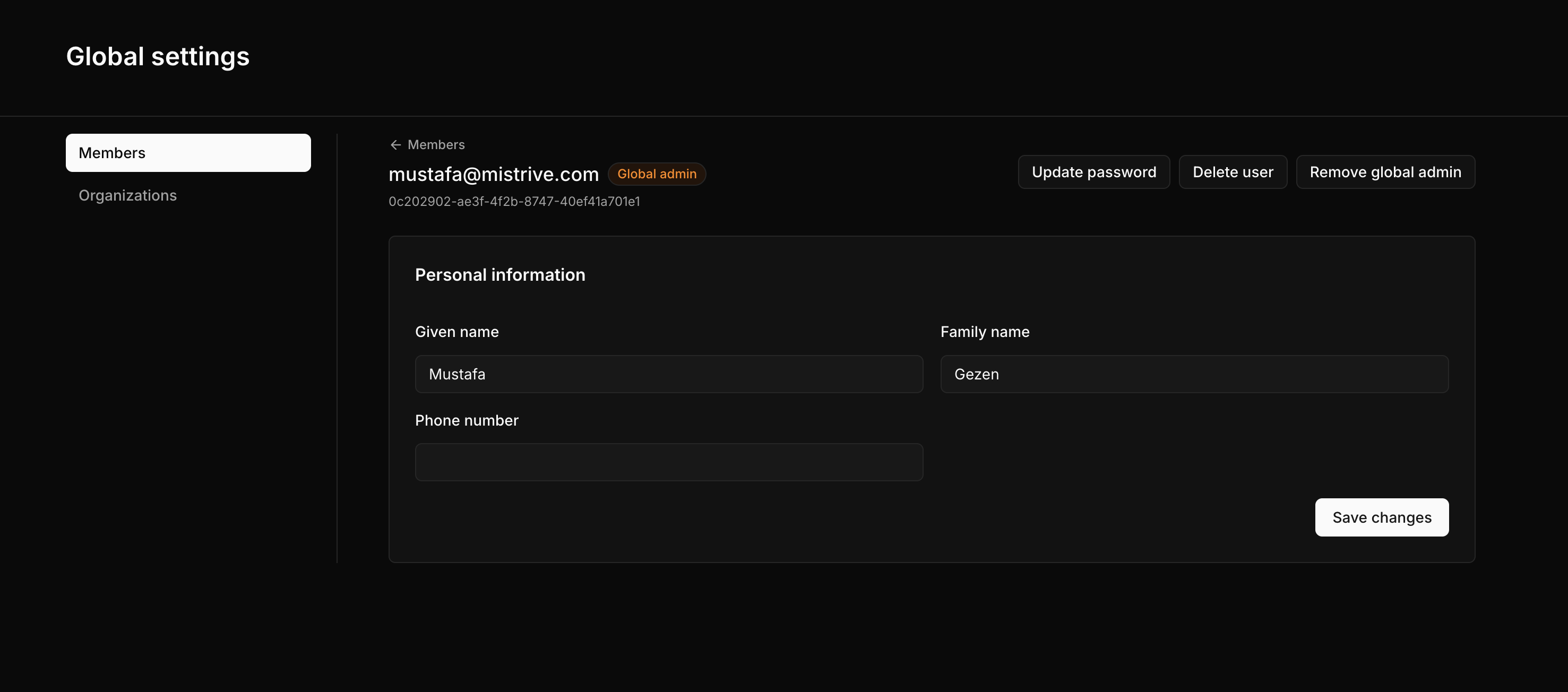 User detail page in dark mode
