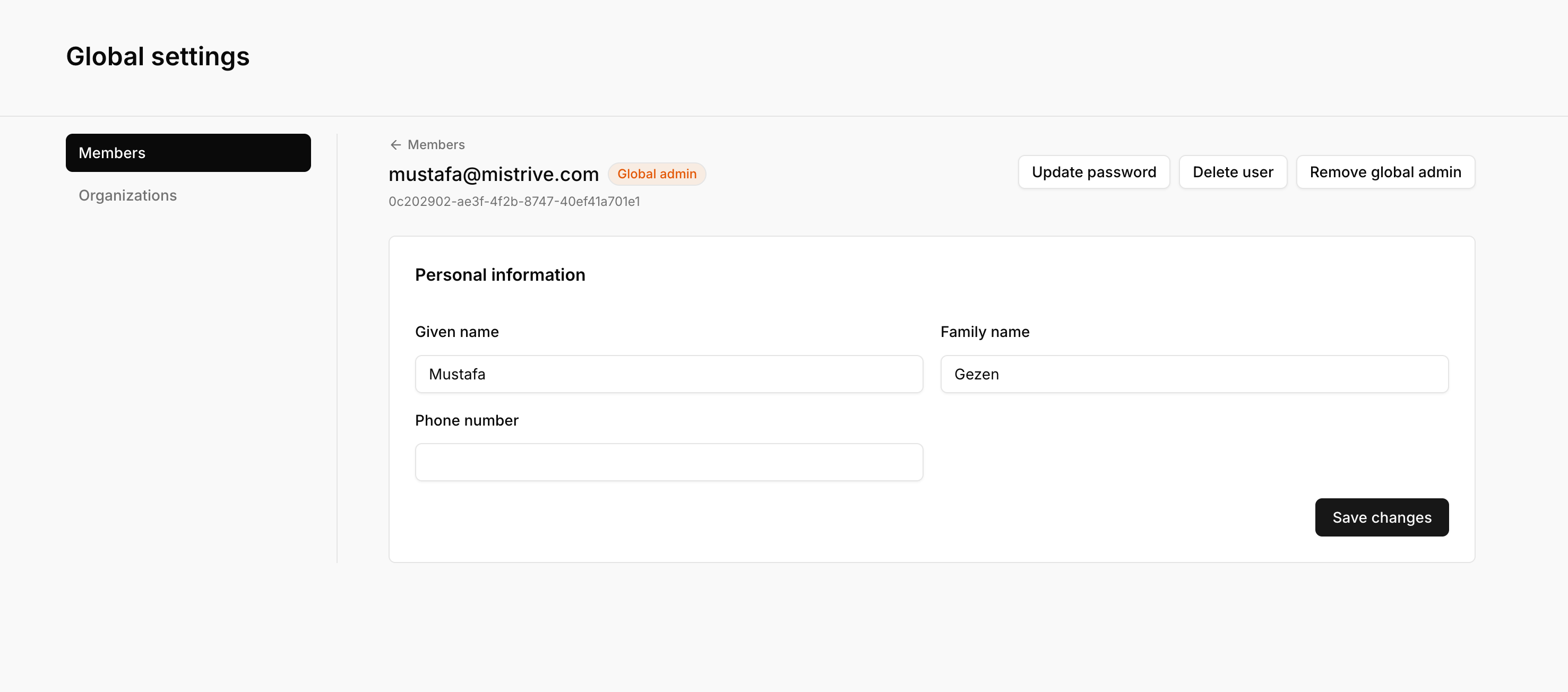 User detail page in light mode
