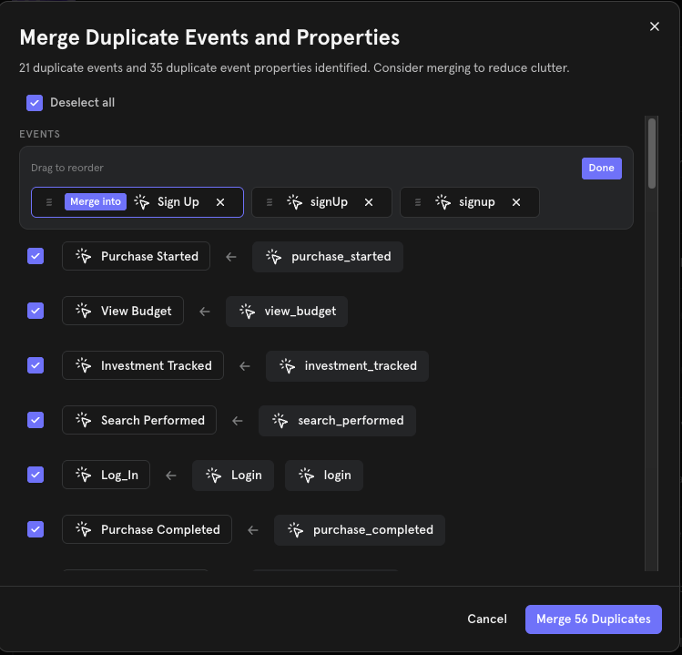 Merge suggestions modal listing duplicate events and properties