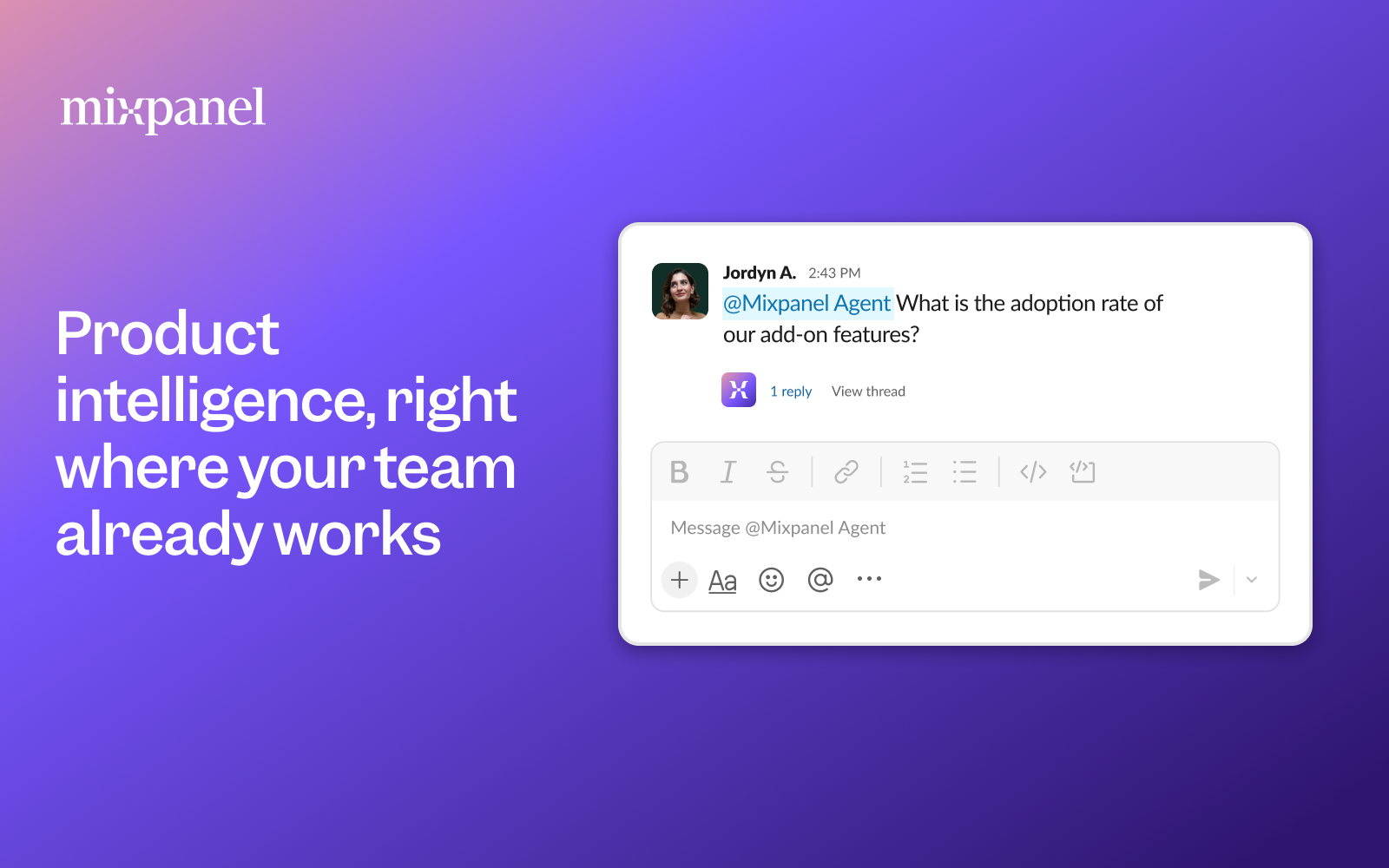 Asking the Mixpanel Agent a question in a Slack channel