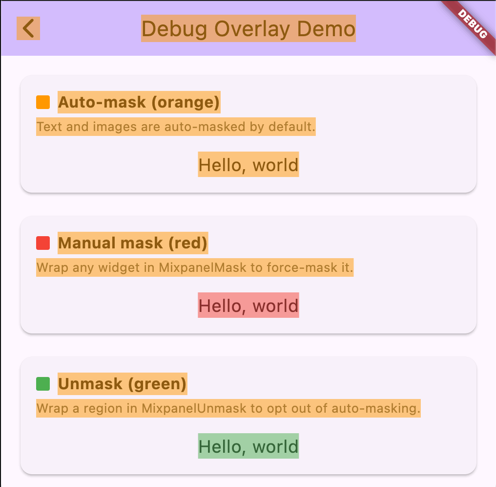 Debug overlay demo showing orange auto-mask, red MixpanelMask, and green MixpanelUnmask regions