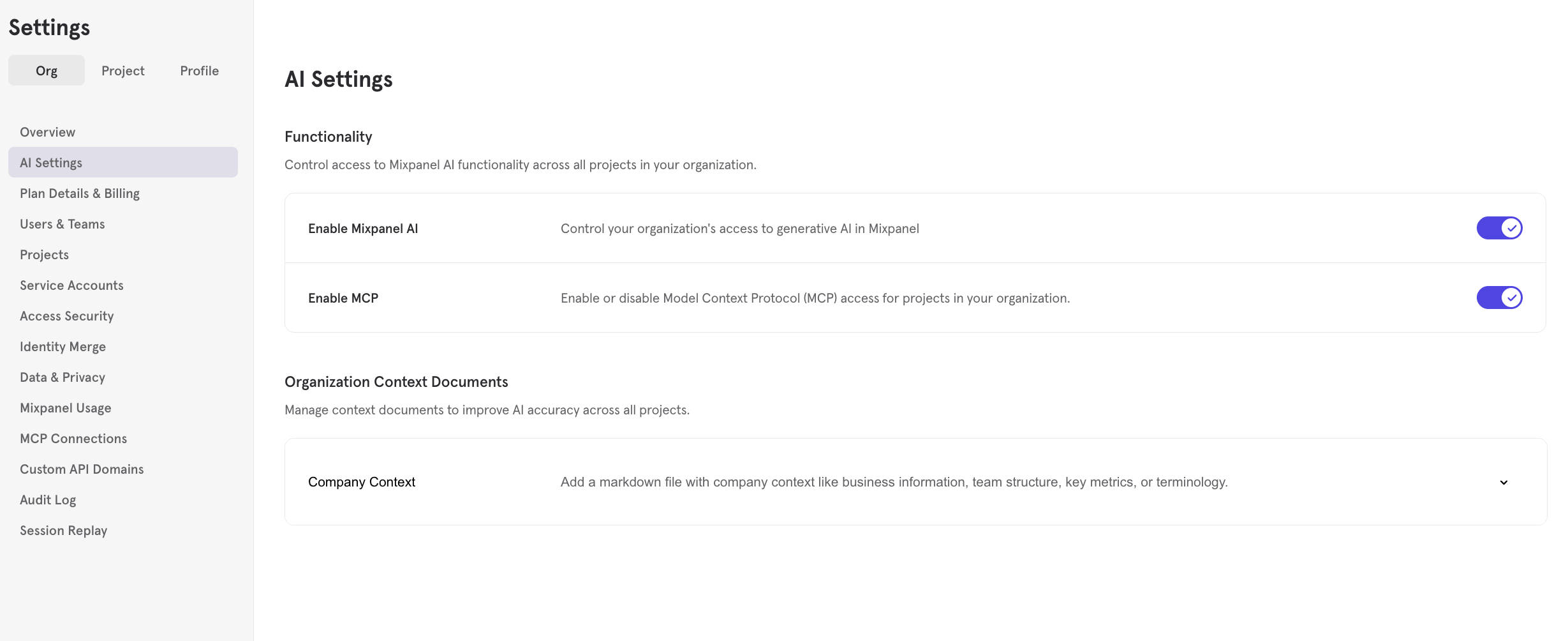 Mixpanel AI Settings