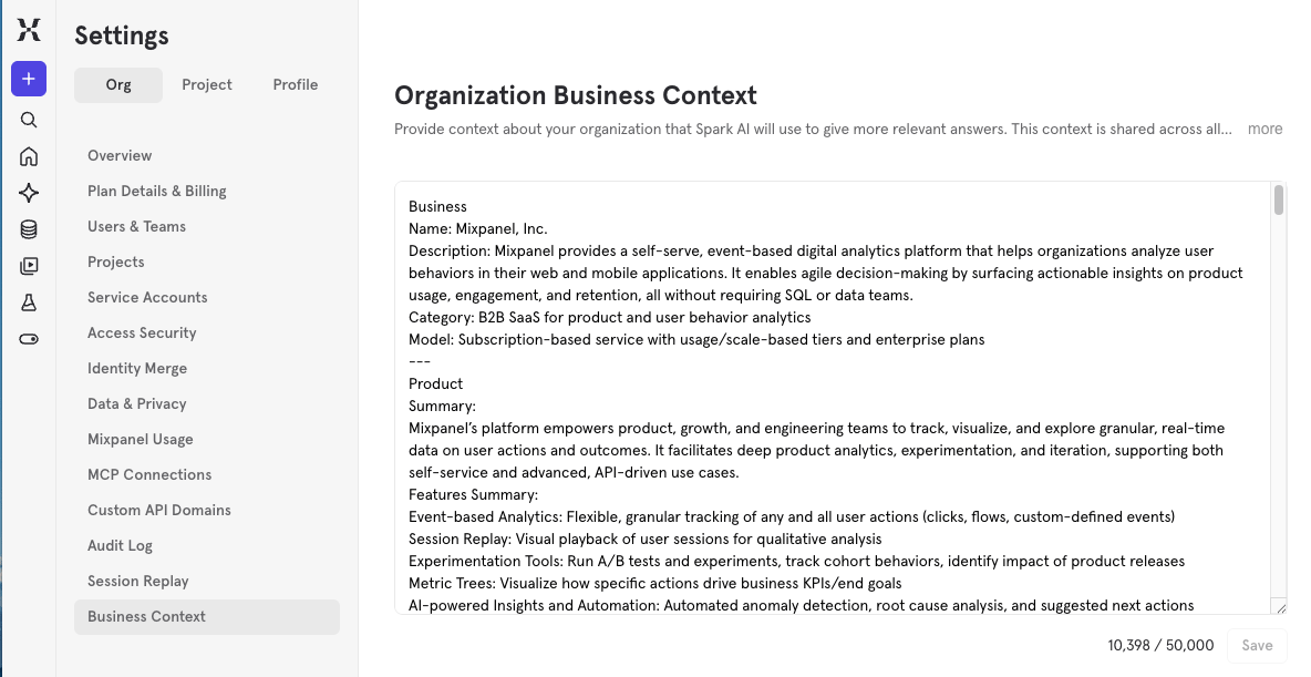Organization Business Context settings with a markdown editor describing a business model and product features