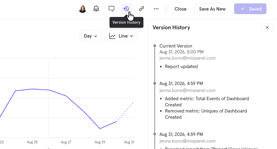 Version History panel on a report