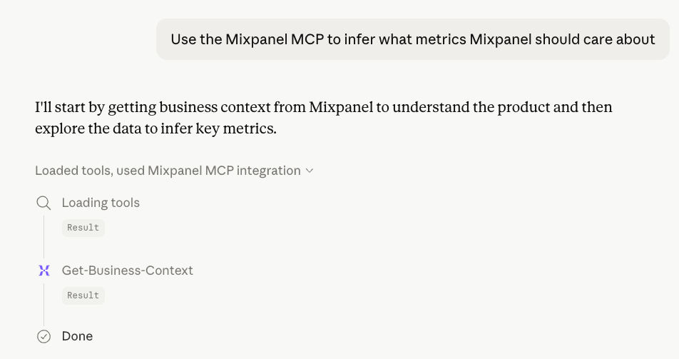Claude using the Get-Business-Context tool from the Mixpanel MCP integration to answer a question about which metrics to prioritize