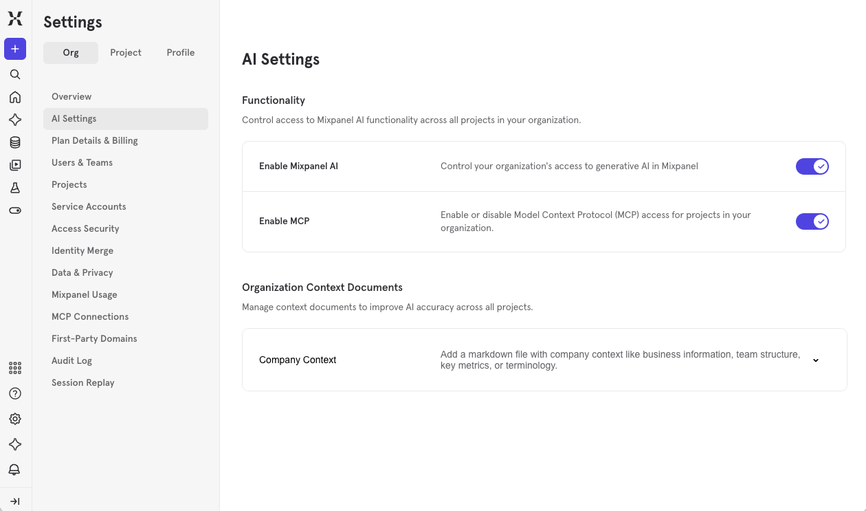Organization AI Settings page showing the Company Context option under Organization Context Documents