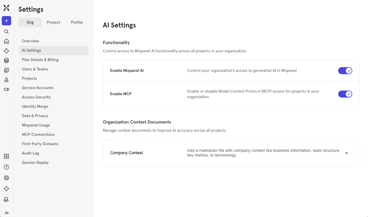 Organization AI Settings page showing the Company Context option under Organization Context Documents