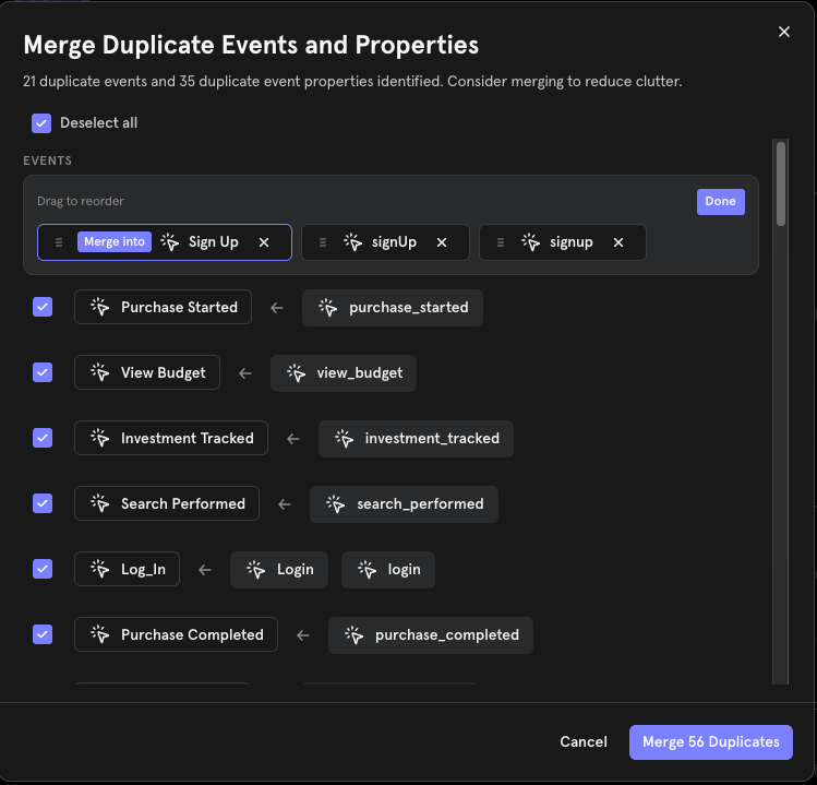 Merge suggestions modal listing duplicate events and properties