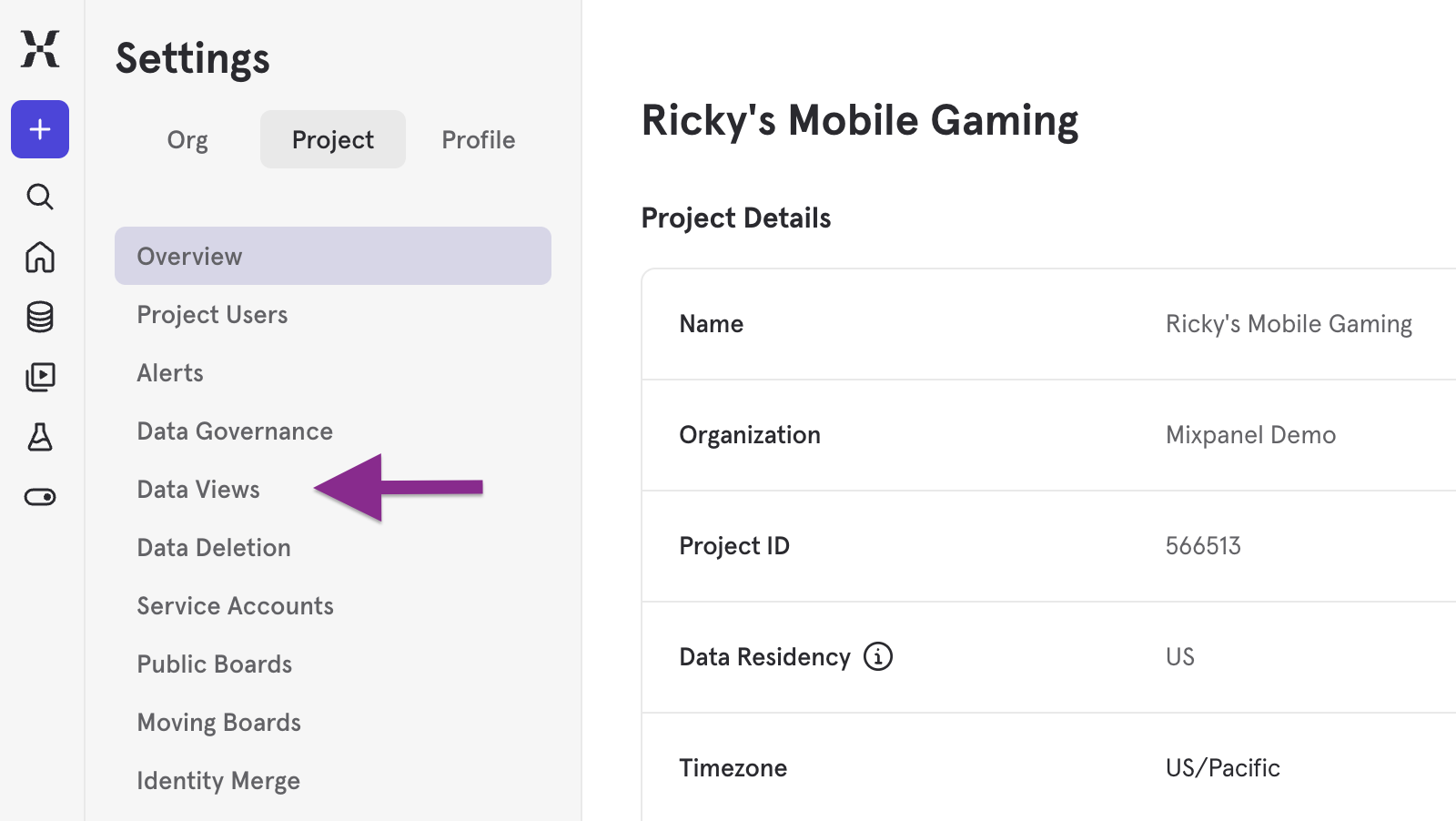 Manage Data View Project Settings