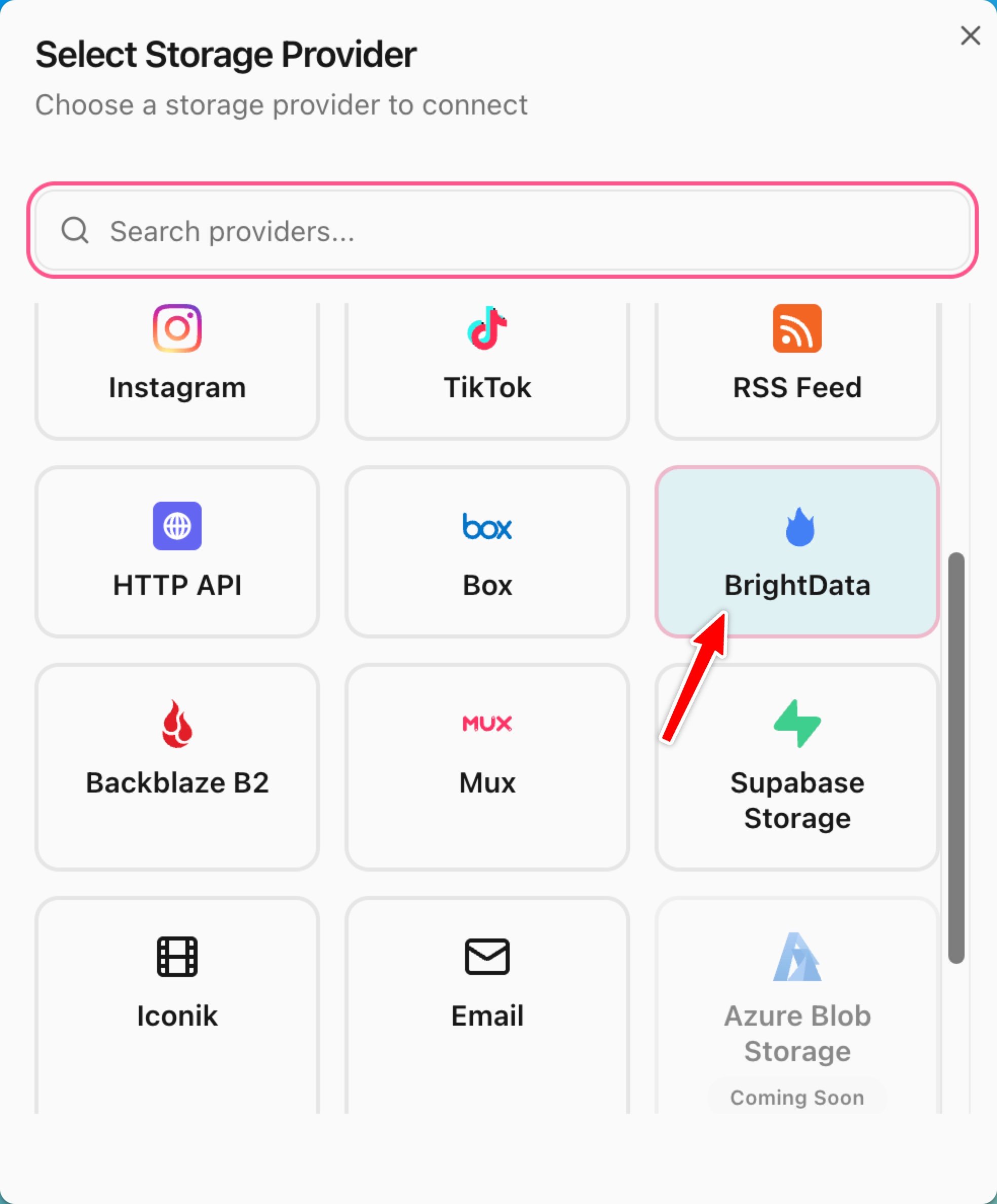 Mixpeek Studio 'Select Storage Provider' modal with BrightData highlighted