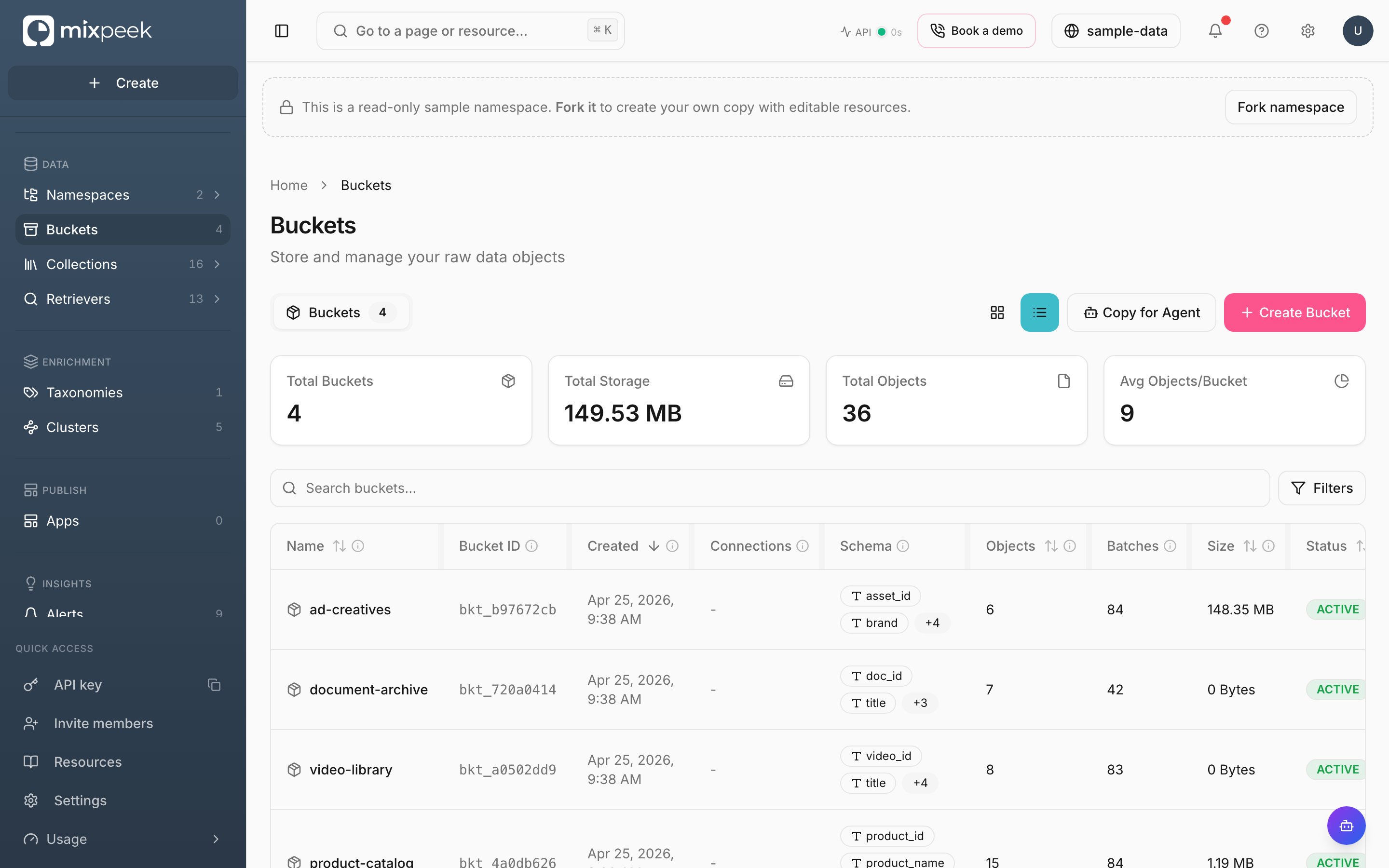 Studio Buckets page listing buckets with schema fields, object counts, and storage size