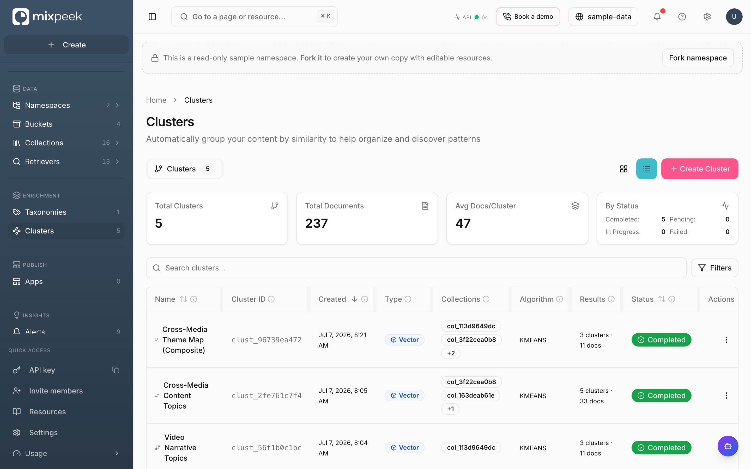Studio Clusters page listing clusters with algorithm, results, and completion status