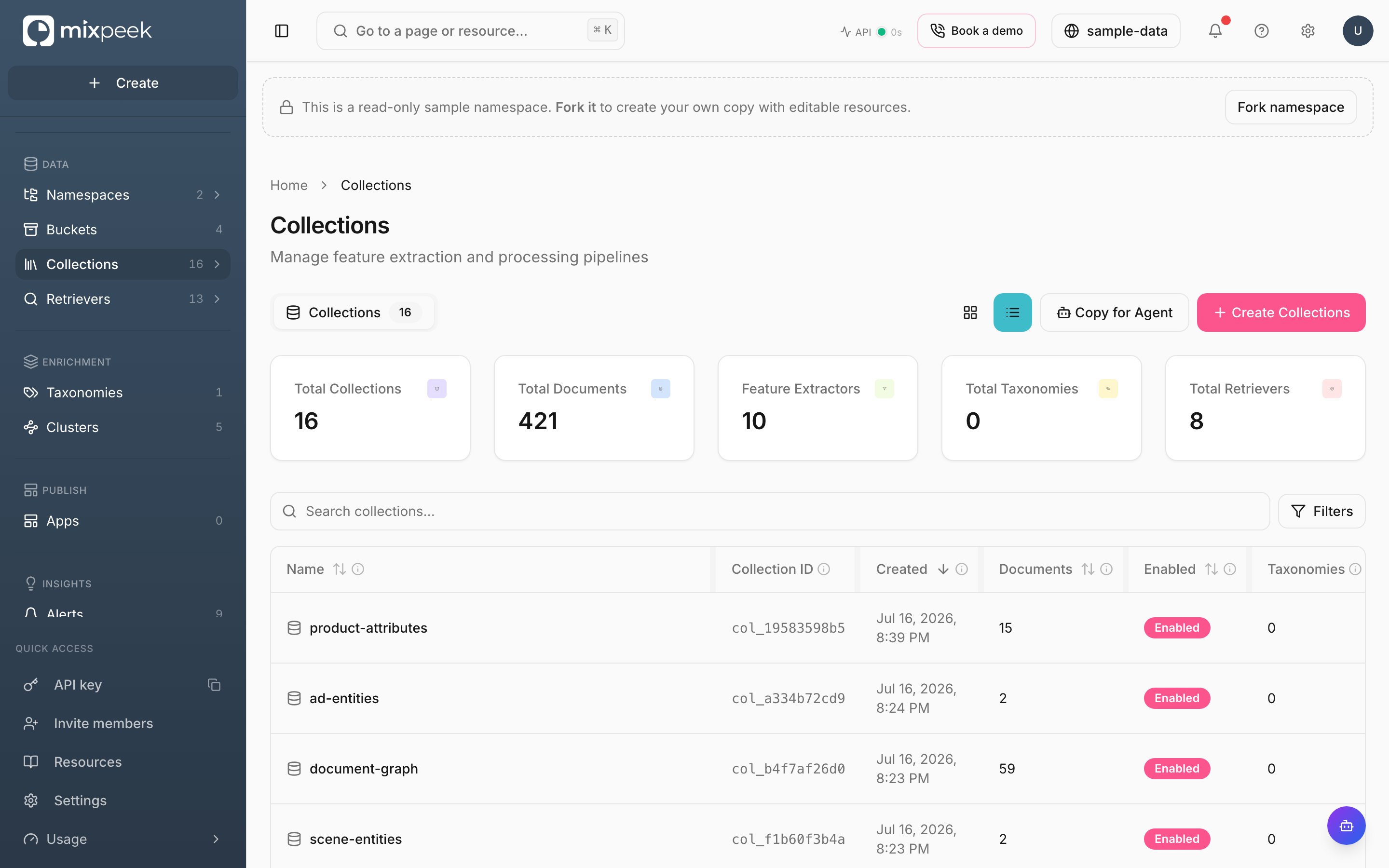 Studio Collections page listing collections with document counts and enabled status