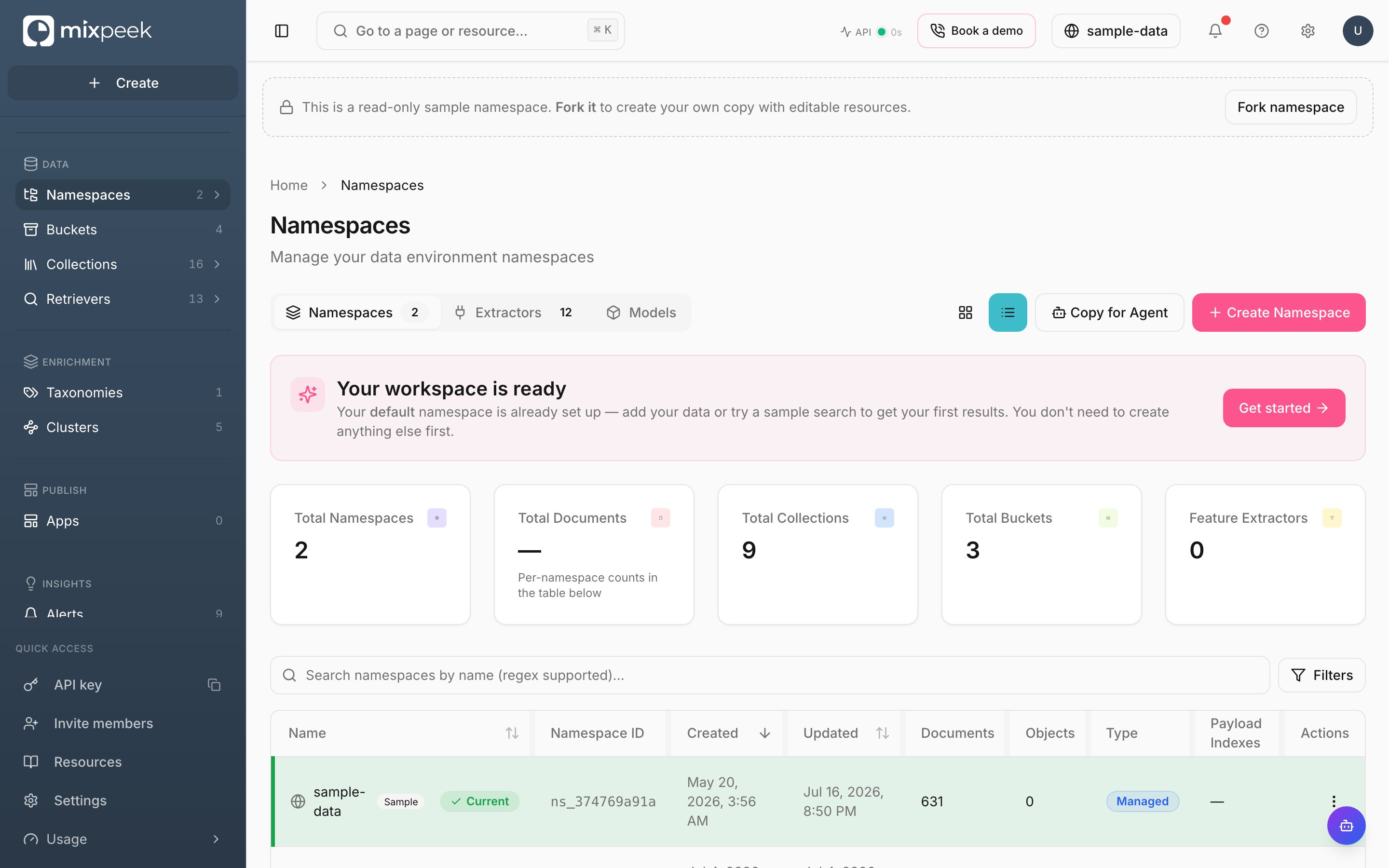 Studio Namespaces page listing namespaces with document and object counts
