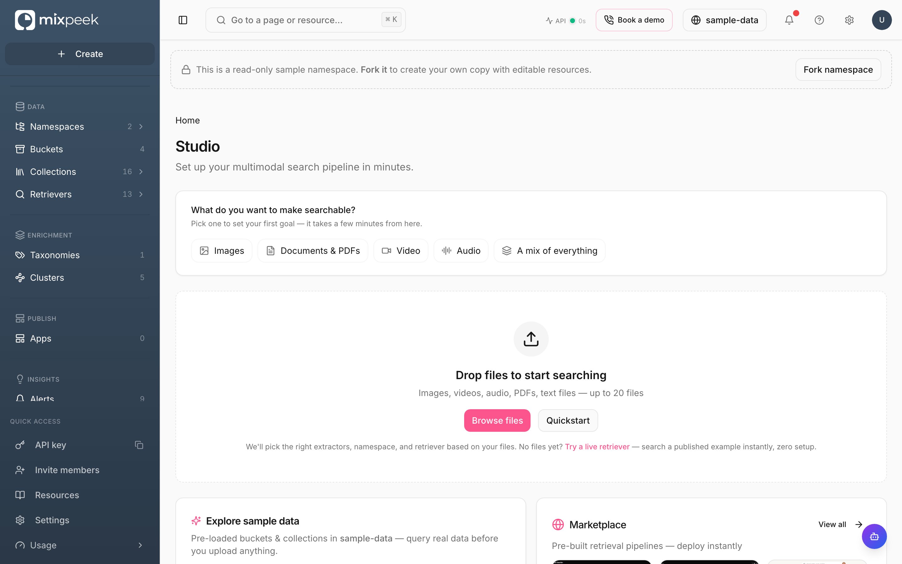 Studio home showing the what-to-make-searchable picker, file drop zone, and sample-data card