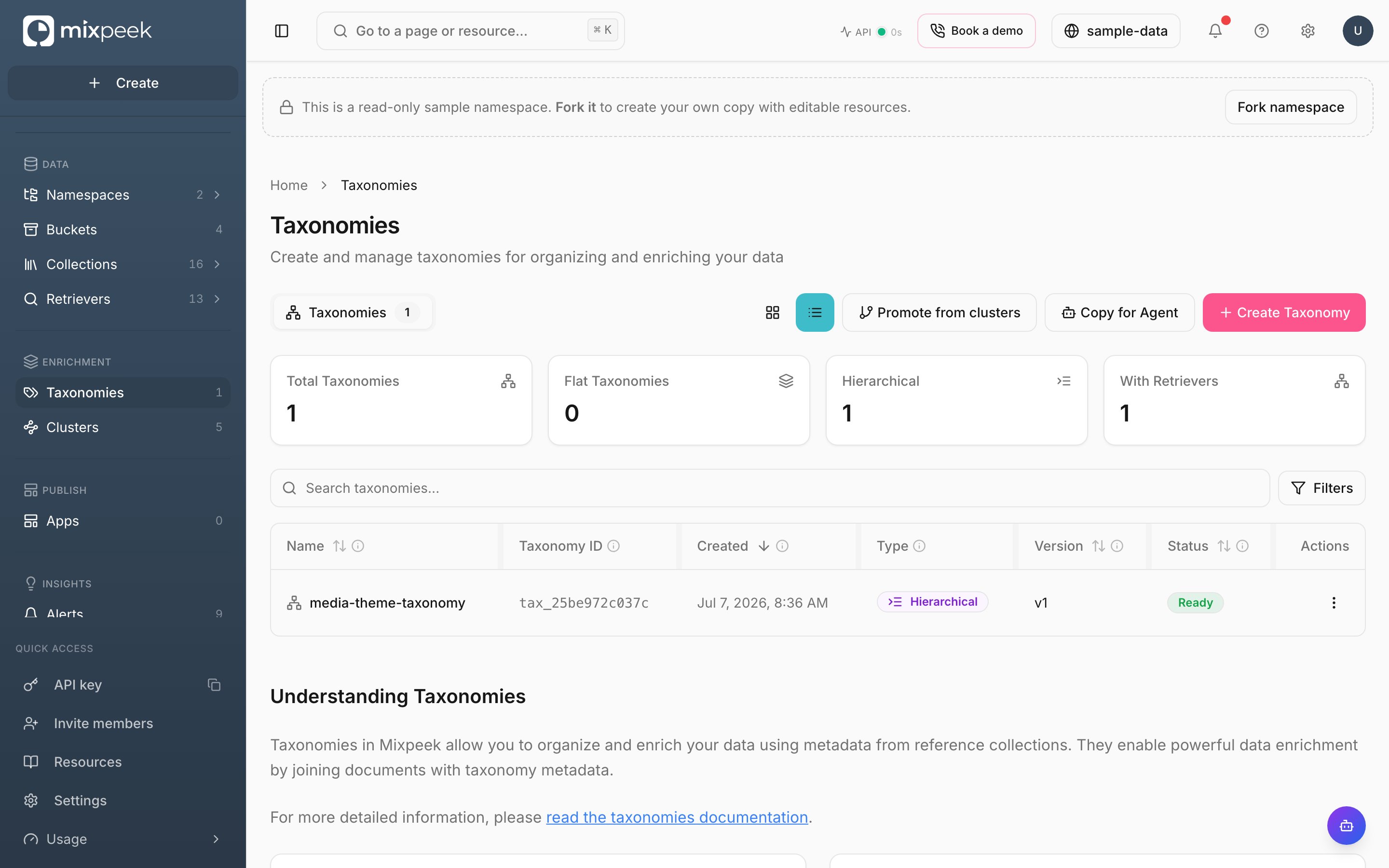 Studio Taxonomies page listing a hierarchical taxonomy with its version and status