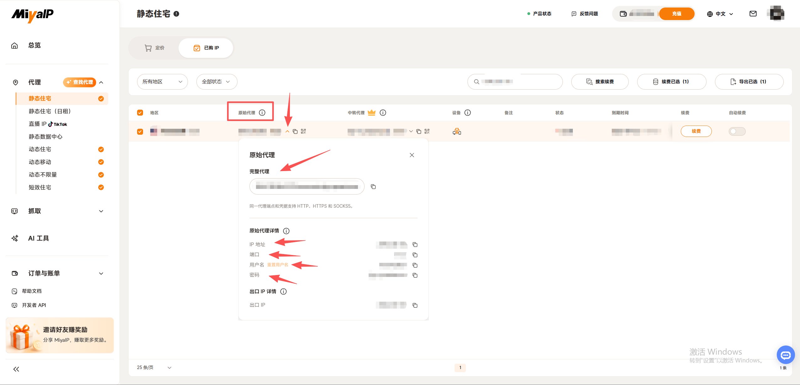 展开原始代理小箭头,查看 IP 地址、端口、用户名、密码及出口 IP