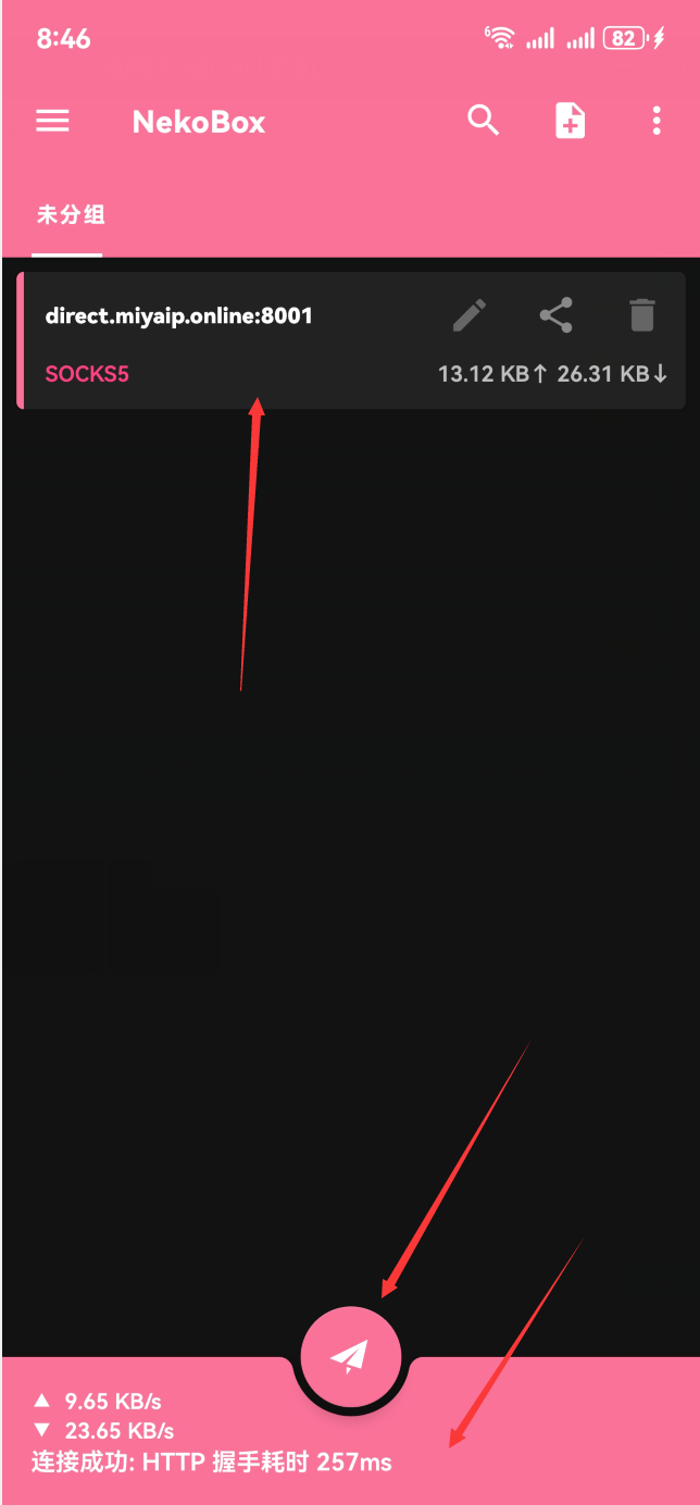 Select a NekoBox node, connect, and test latency in the pink area