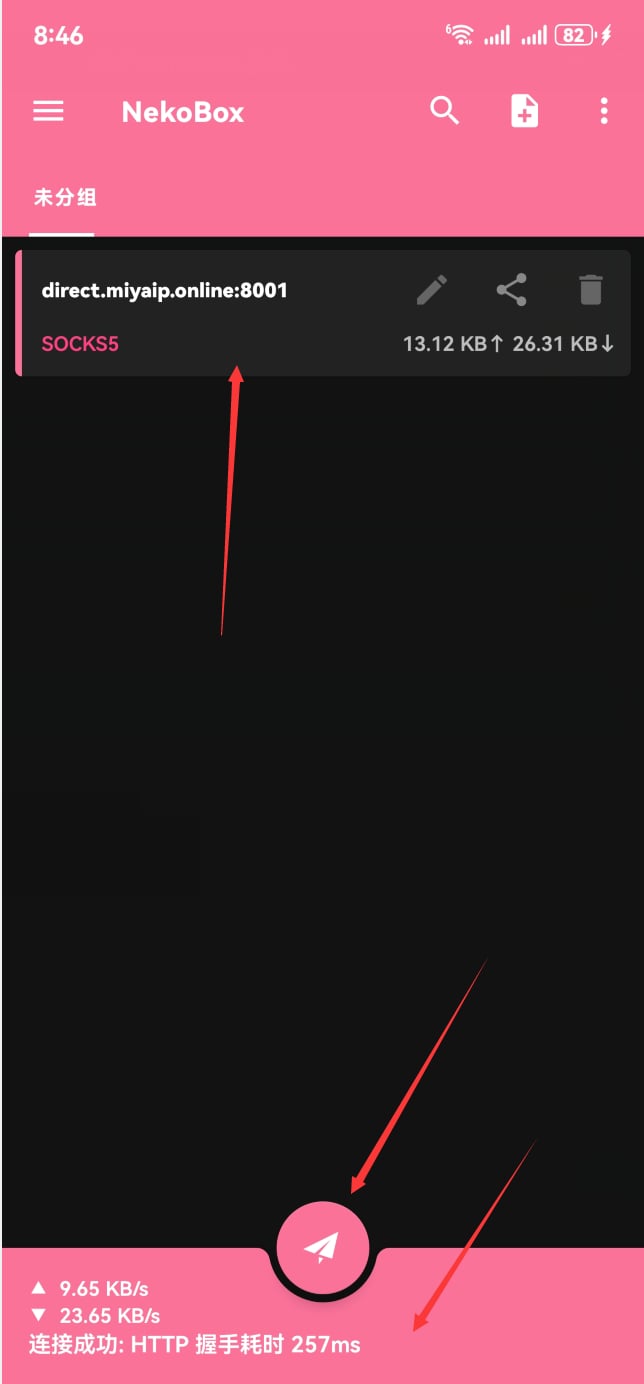 Select a NekoBox node, connect, and test latency in the pink area