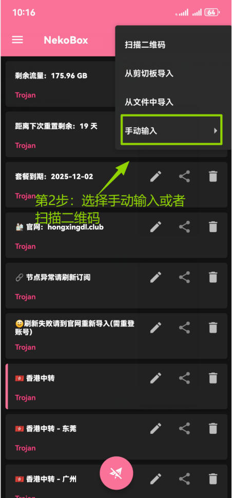 在 NekoBox 添加菜单中选择手动输入