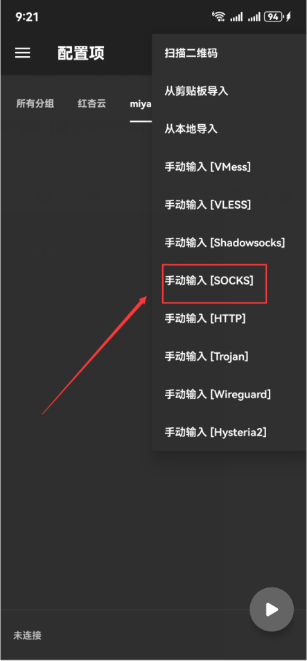 Select Manual input for a SOCKS5 node