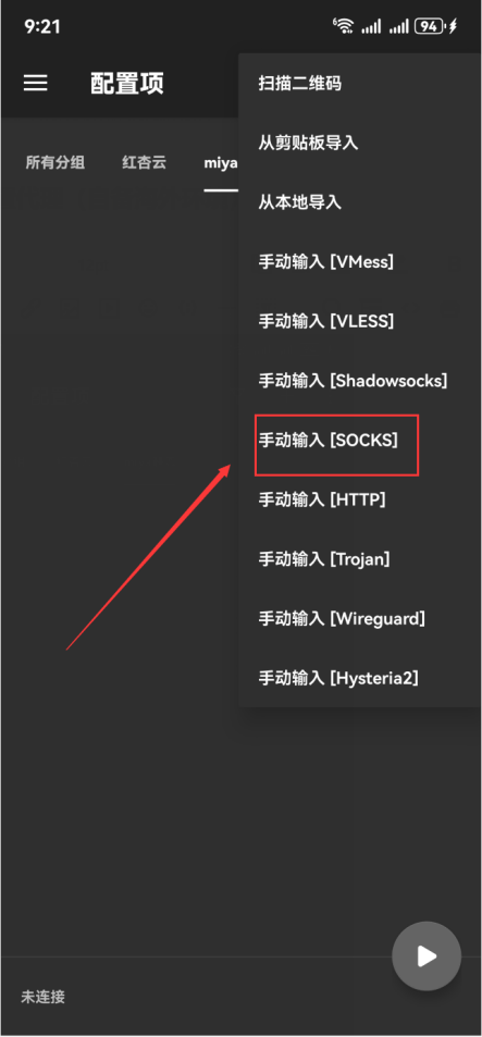 Select Manual input for a SOCKS5 node