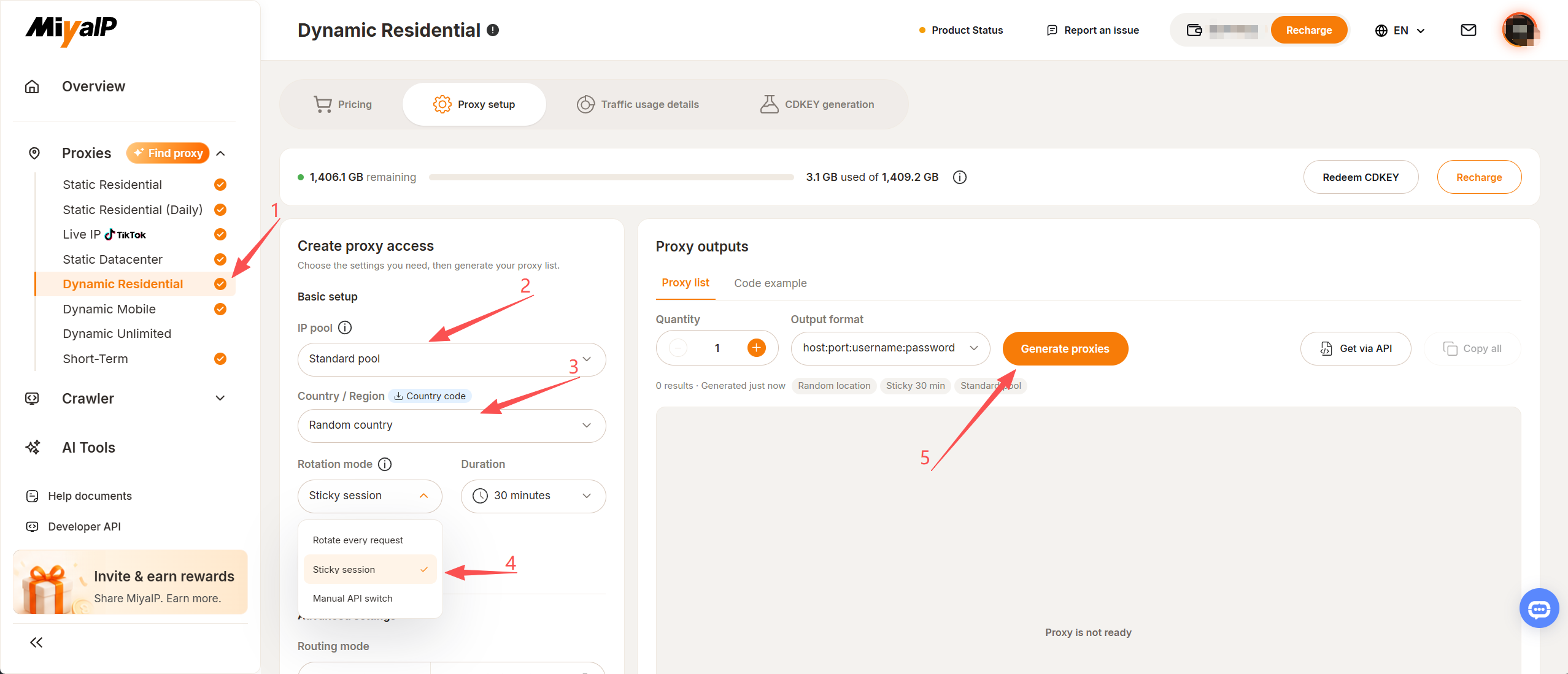 Configure the Dynamic Residential IP pool, Country / Region, Rotation mode, and proxy output format