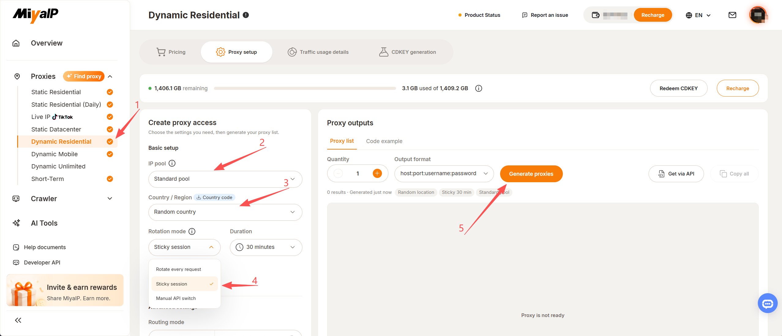 Configure the Dynamic Residential IP pool, Country / Region, Rotation mode, and proxy output format