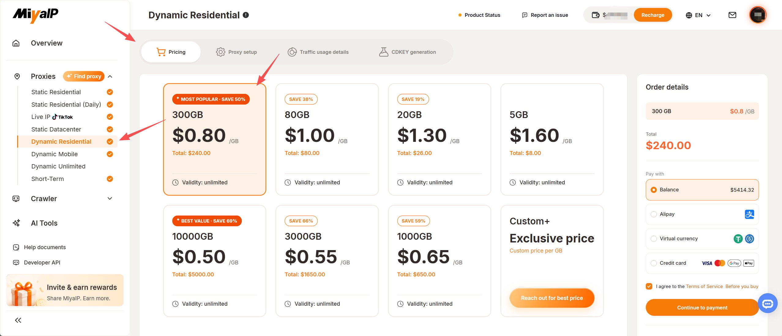 Choose a Dynamic Residential plan, review Order details, and continue to payment