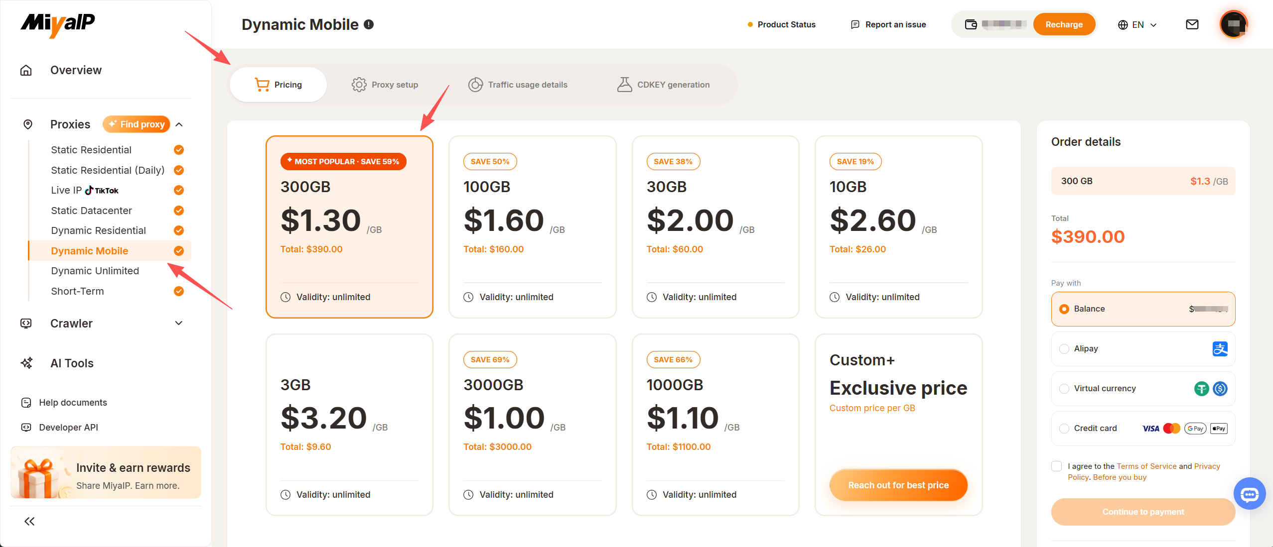 Dynamic mobile plan selection, order details, payment method, and Continue to payment button