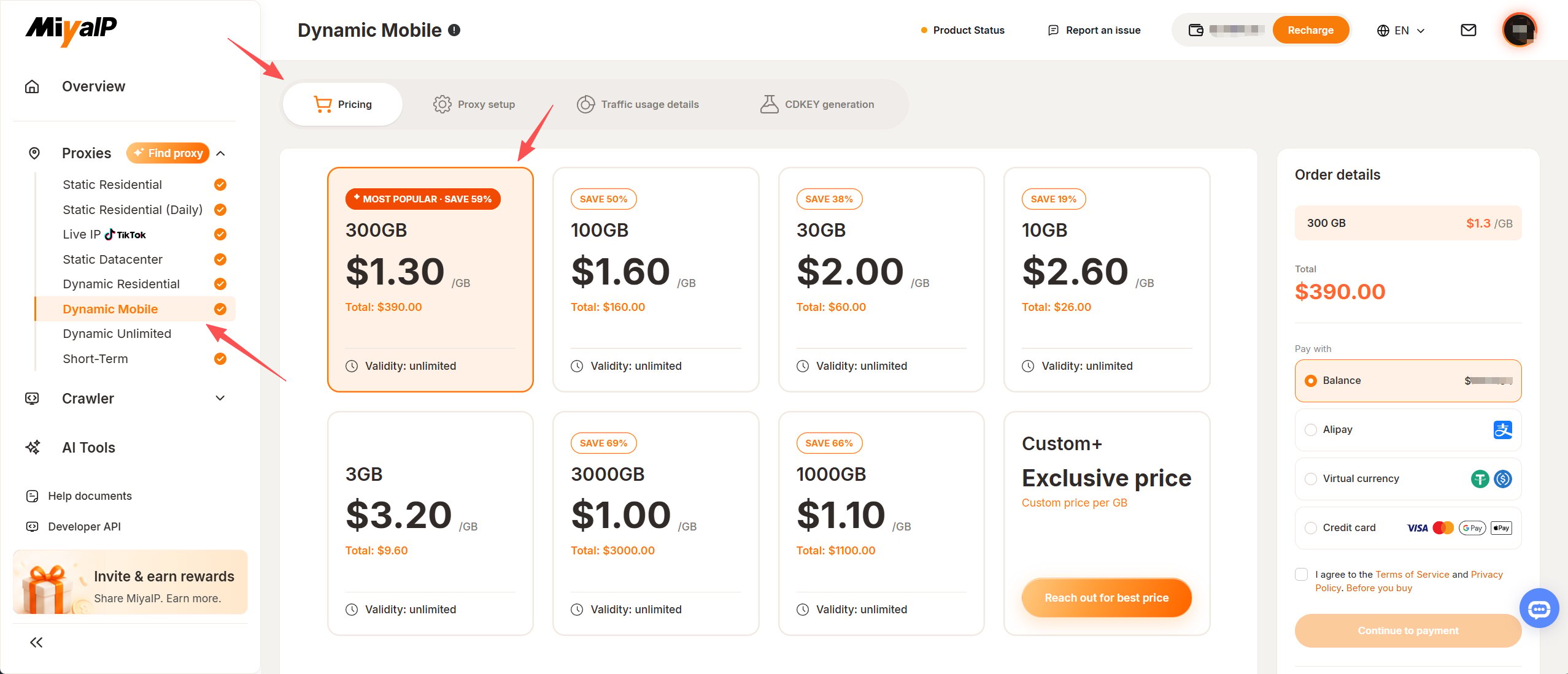 Dynamic mobile plan selection, order details, payment method, and Continue to payment button