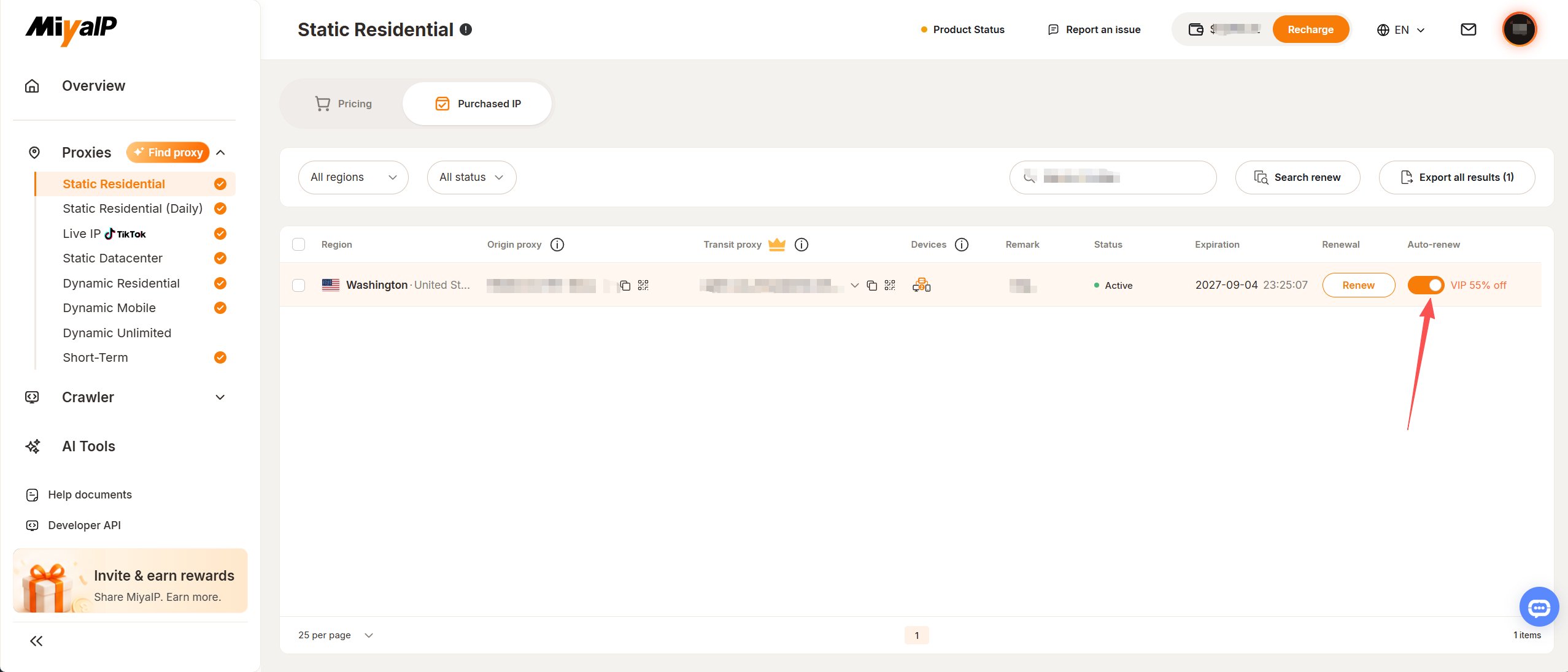Check expiration dates and enable auto-renew for individual purchased IPs