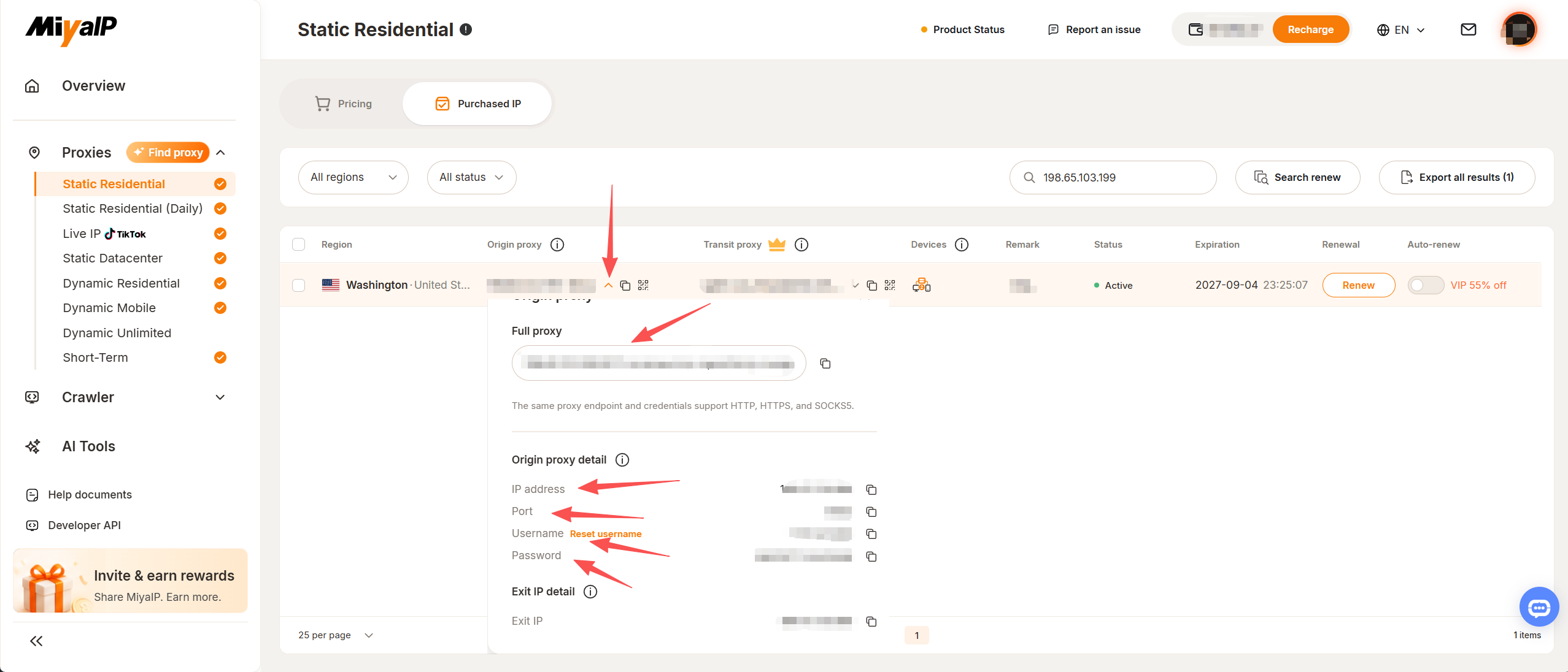 Expand the Origin proxy arrow to view its IP address, port, username, password, and exit IP