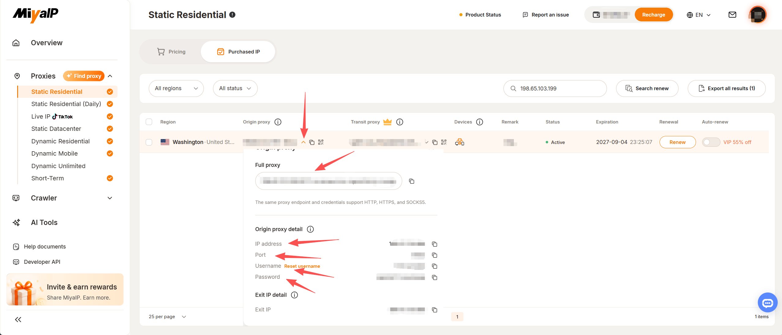 Expand the Origin proxy arrow to view its IP address, port, username, password, and exit IP