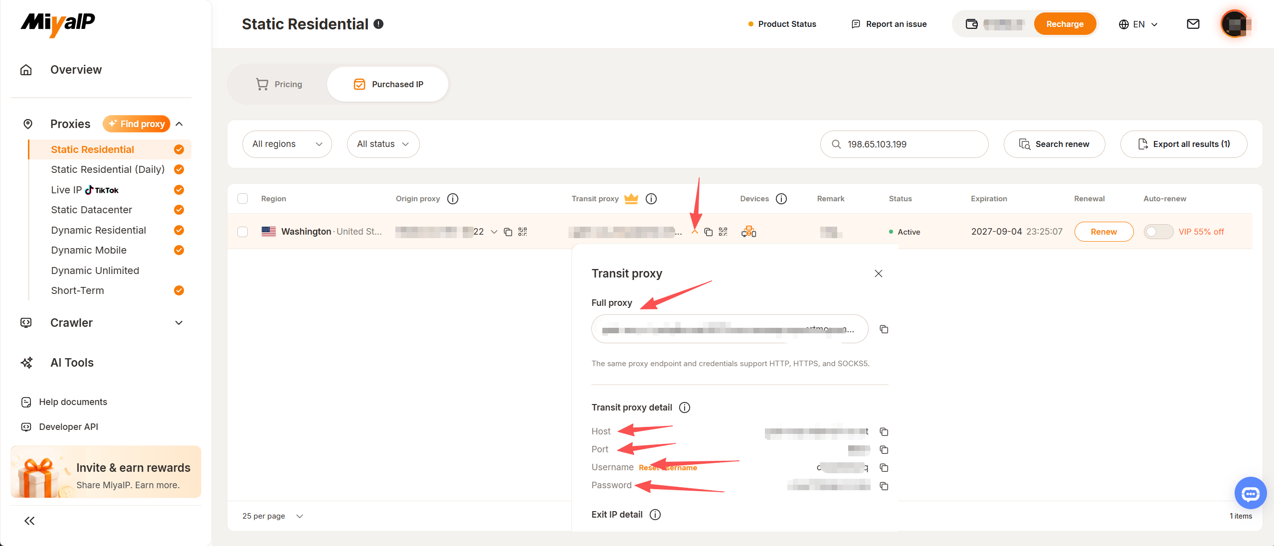 Expand the Transit proxy arrow to view its host, port, username, and password