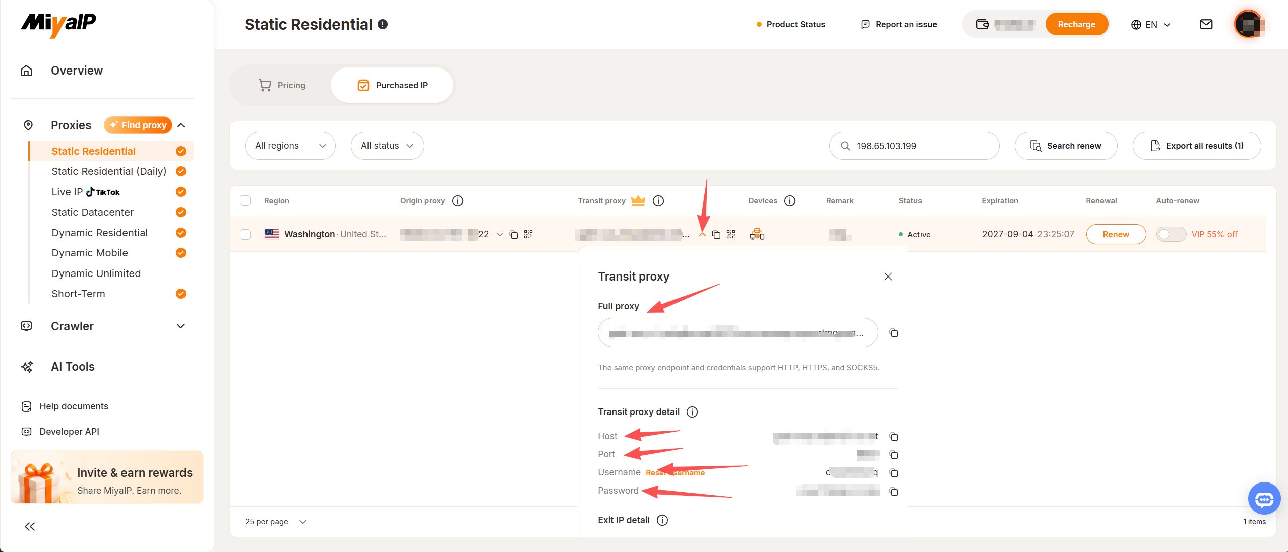 Expand the Transit proxy arrow to view its host, port, username, and password