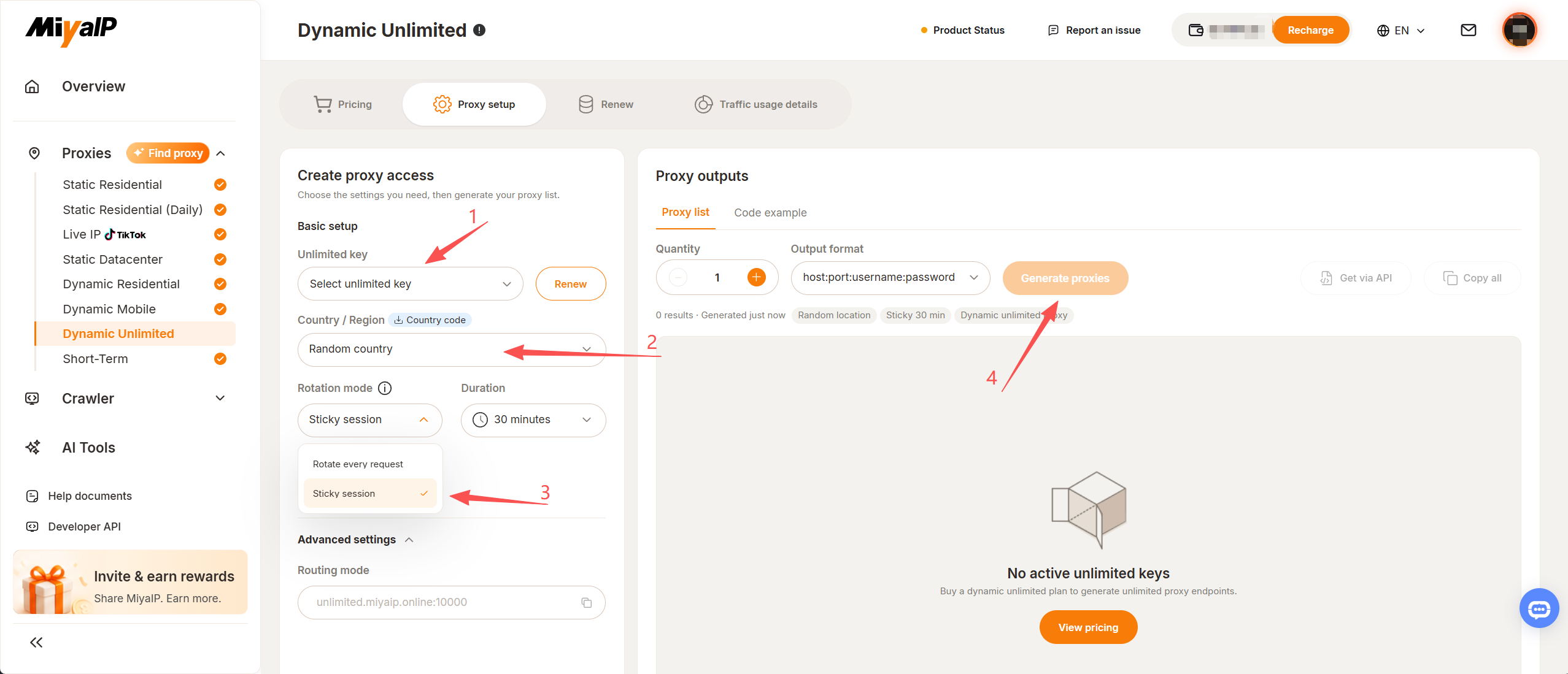 Dynamic unlimited proxy setup layout showing no active unlimited keys and a disabled Generate proxies button