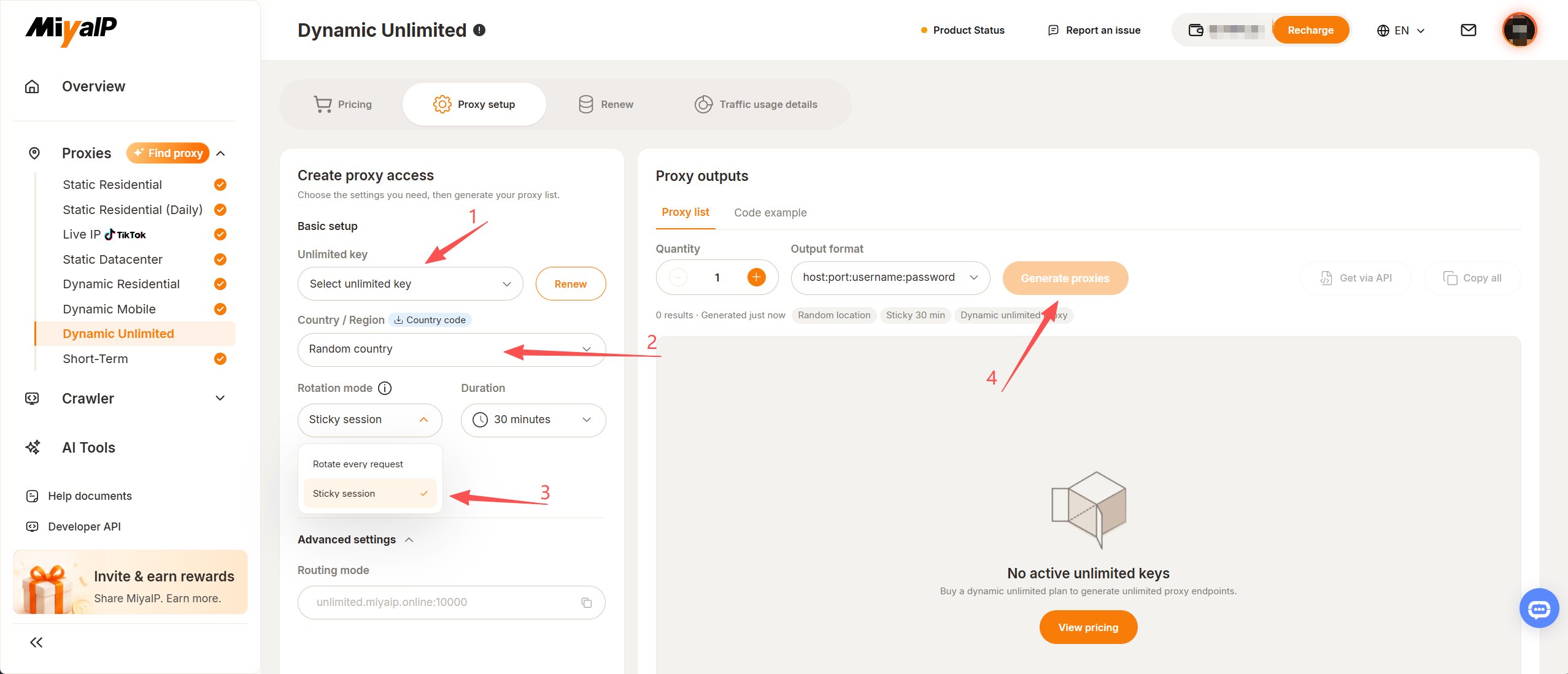 Dynamic unlimited proxy setup layout showing no active unlimited keys and a disabled Generate proxies button