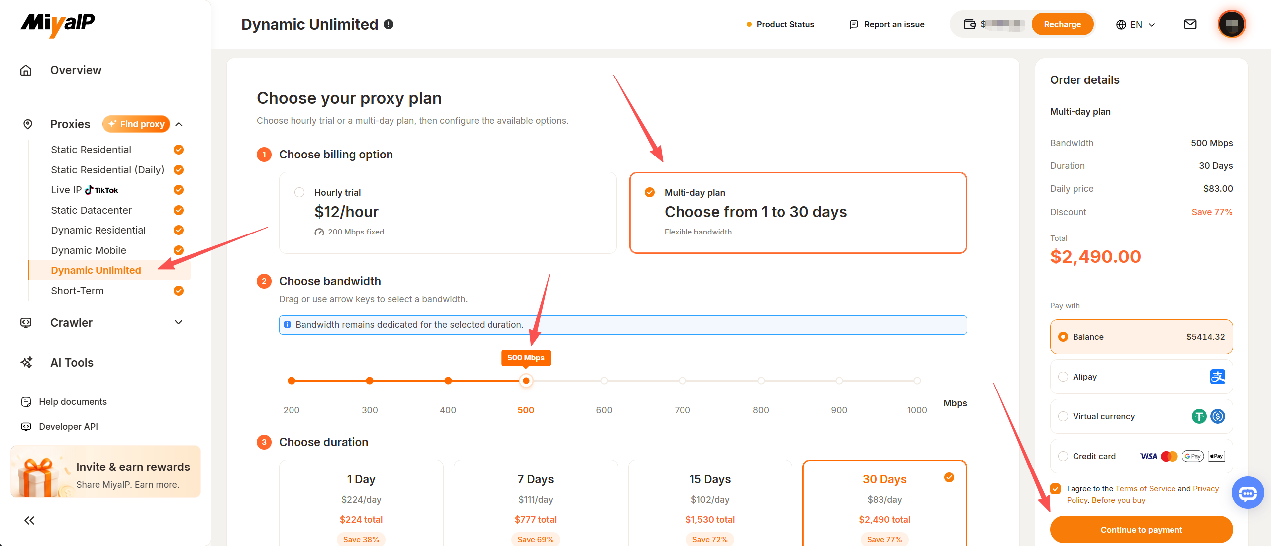 Dynamic unlimited billing option, bandwidth, duration, and payment controls