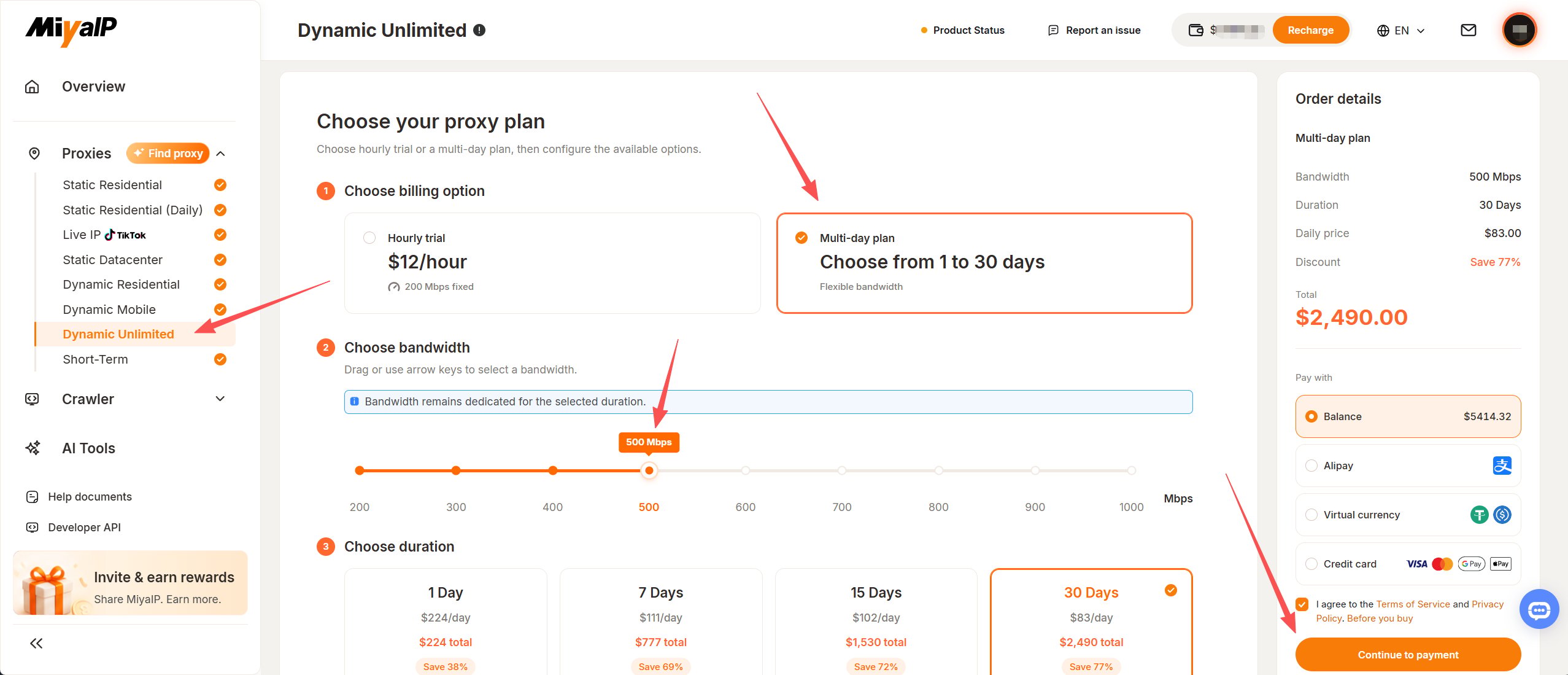 Dynamic unlimited billing option, bandwidth, duration, and payment controls