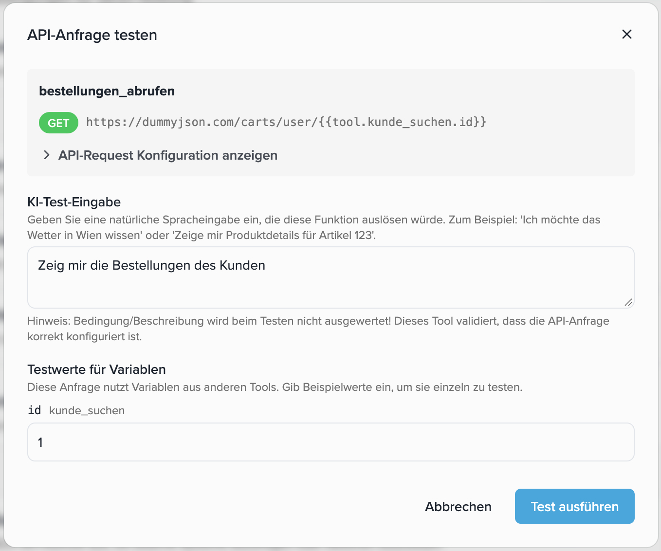 Test values for variables in the test dialog