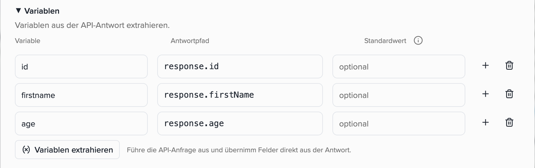 The "Variablen" section with defined variables