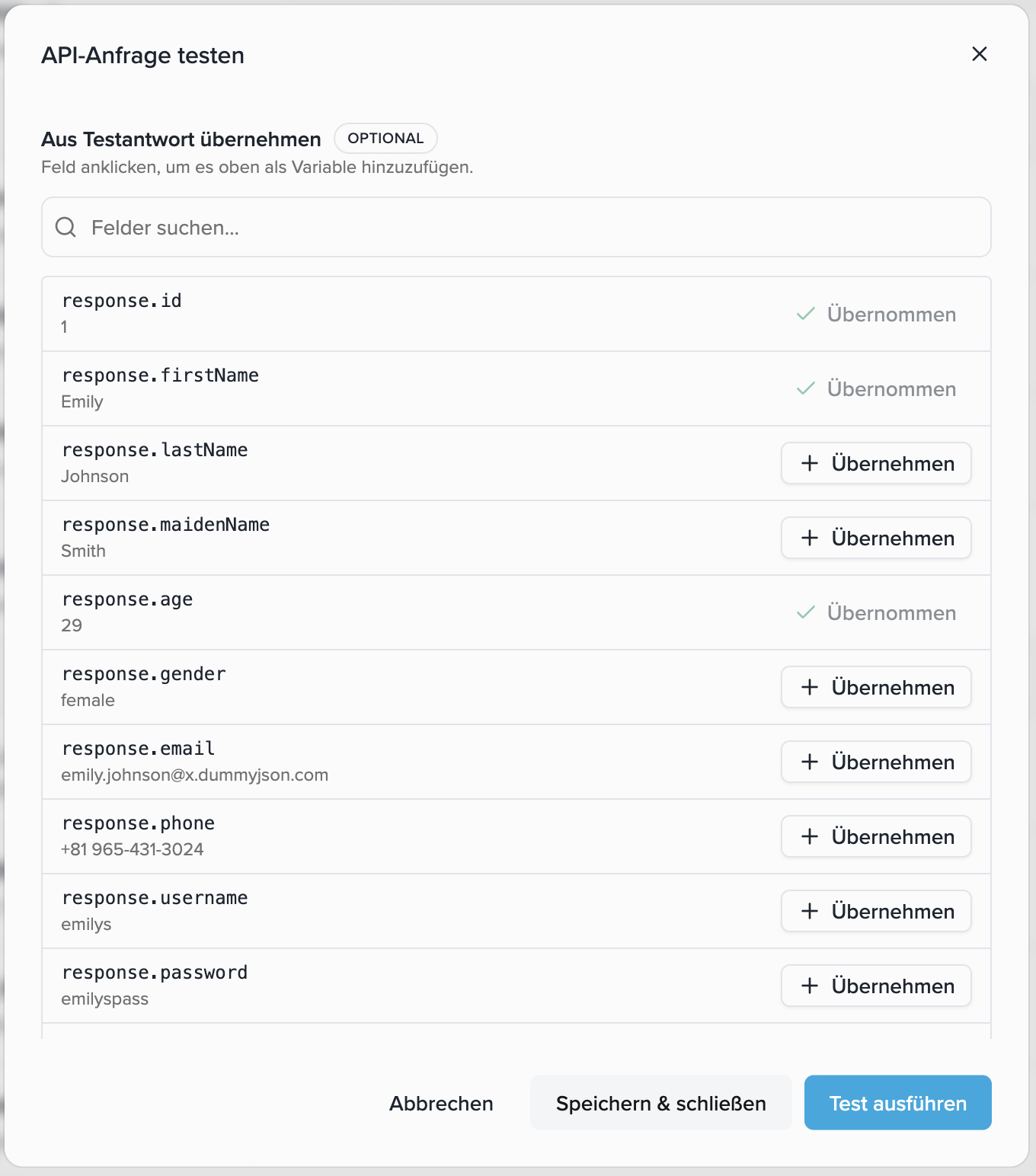 Capture fields from the test response