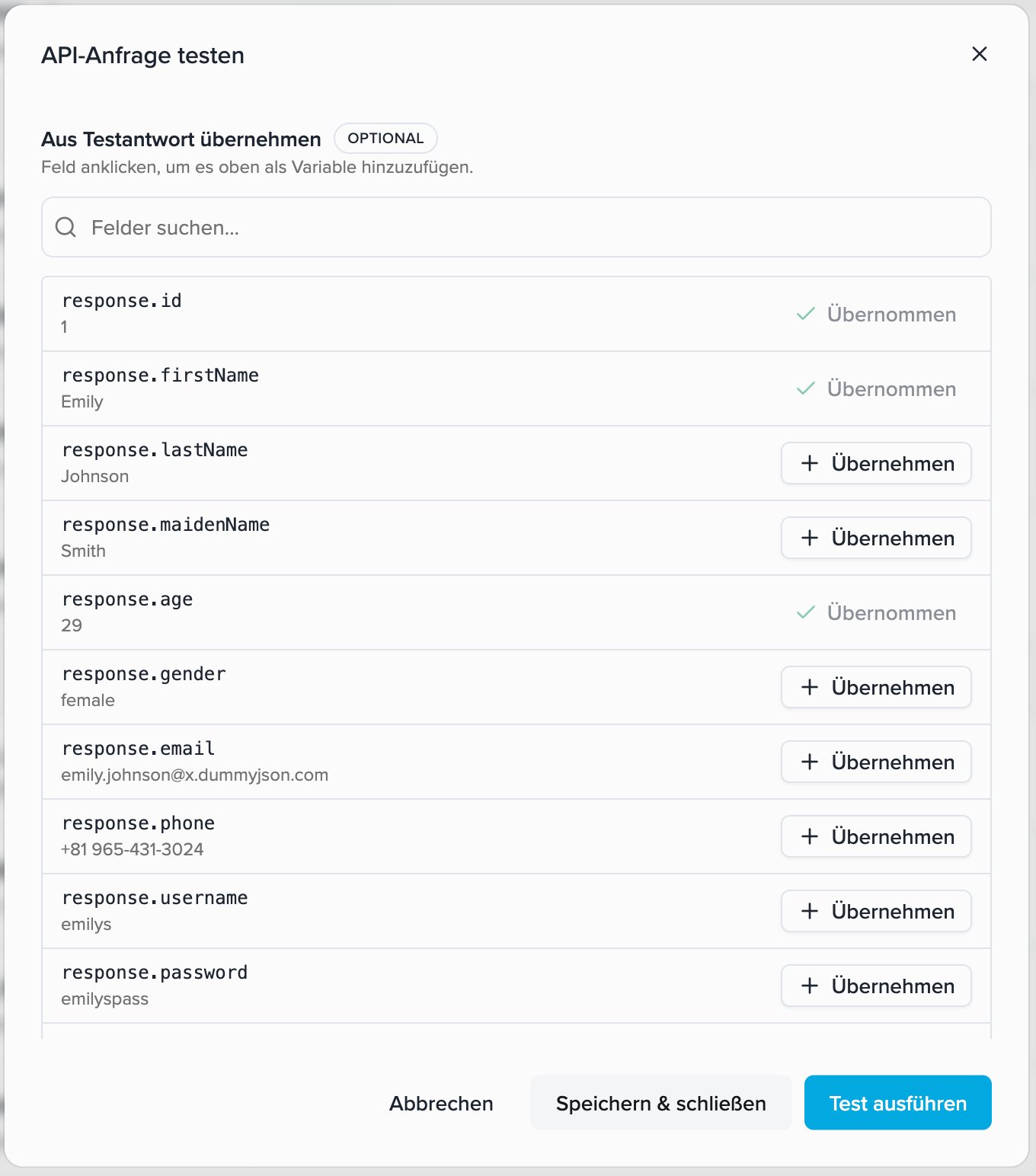 Capture fields from the test response