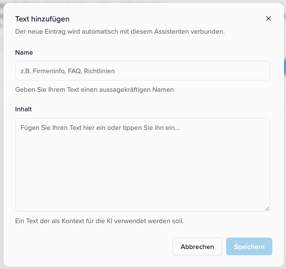 Add text in the wizard with Name and Content fields and a note about the automatic connection