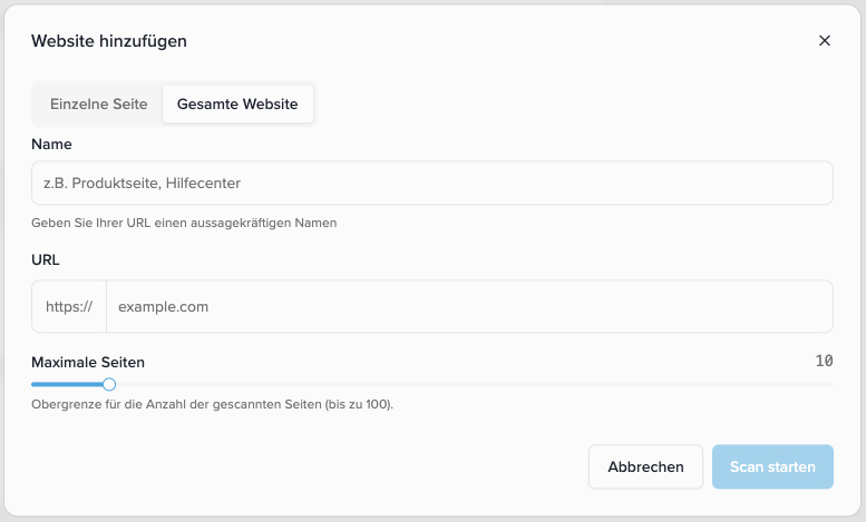 Advanced website scraping with Entire website mode, a Maximum pages slider, and Start scan