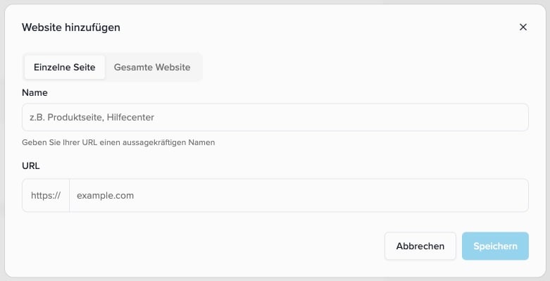 Add website in Single page mode with Name and URL