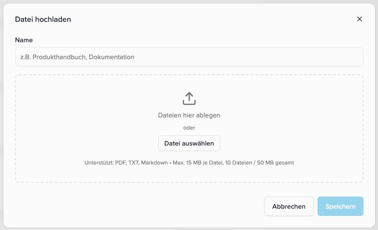 Upload file dialog with Name, a drag-and-drop area, and the note PDF, TXT, Markdown, maximum 15 MB per file and 10 files or 50 MB total