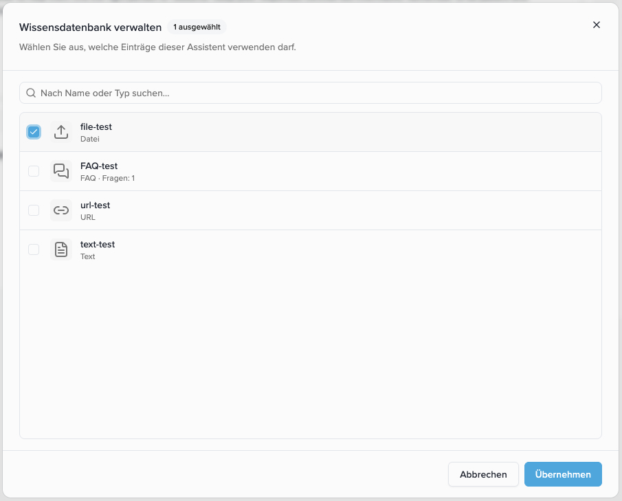Manage Knowledge Base with a search field, checkboxes for File, FAQ, URL, and Text, and the Apply button